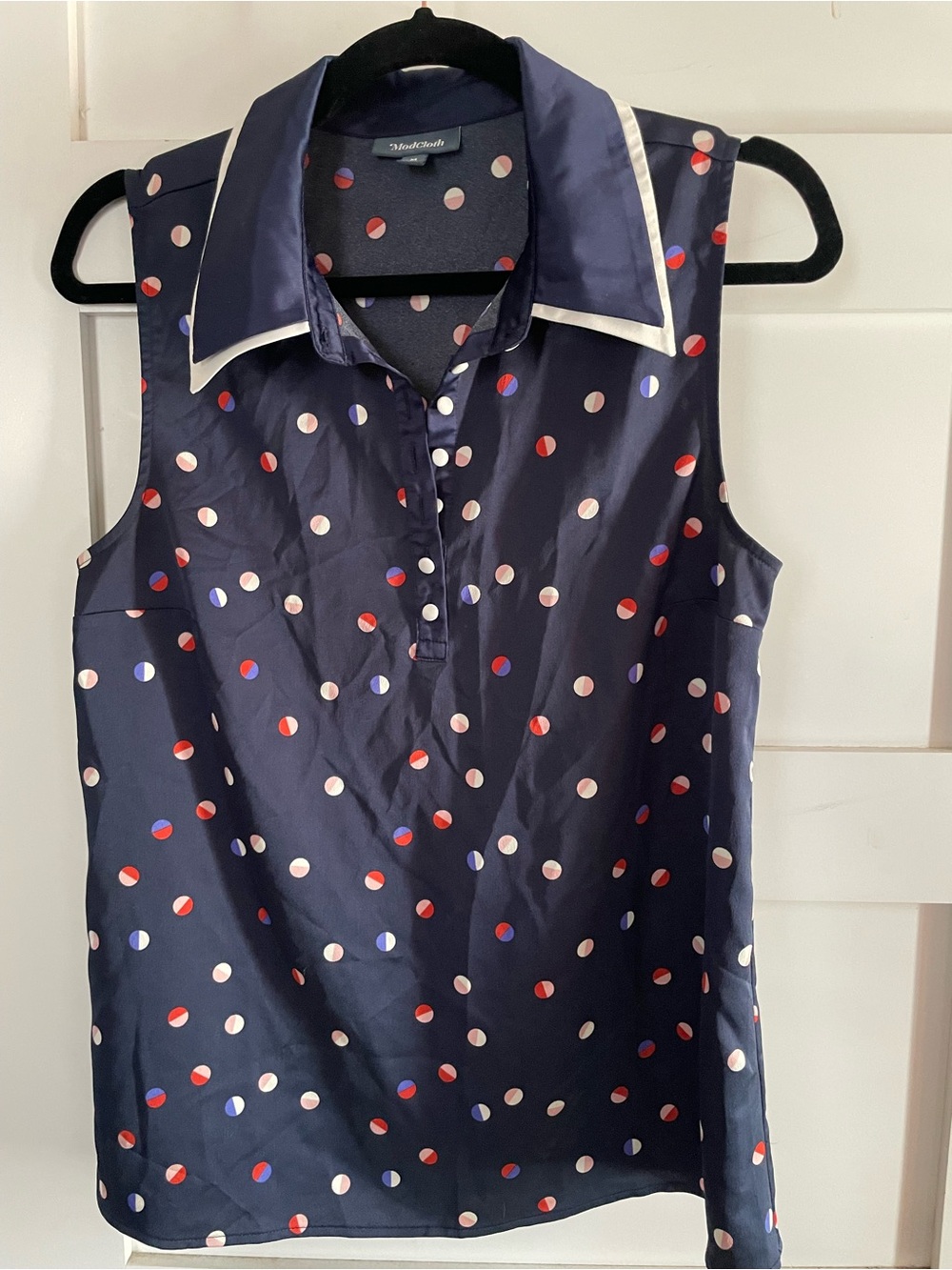 Modcloth Navy Sleeveless Collared Polka Dot Top